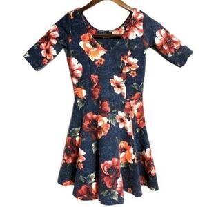 Hollister Navy Floral Print V Neck 3/4 Sleeves Mini Skater Dress Size XS Stretch